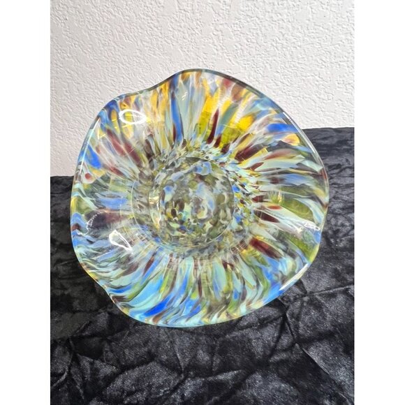 Hand-Blown Art Glass Vase Confetti Splash Swirl Pattern Ruffled Edge 7-3/4" - Picture 4 of 12